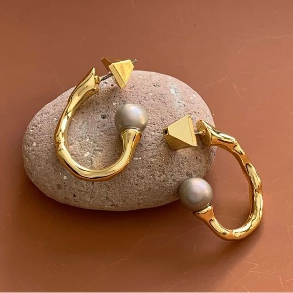ALEXIS BITTAR Pearl Capped Twisted Gold Open Hoop Post Earrings - MSRP $195 - Picture 13 of 14